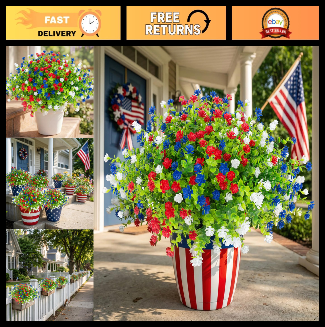 12 Pcs UV Resistant Faux Flowers – Patriotic Red, White, Blue for 4th of July De