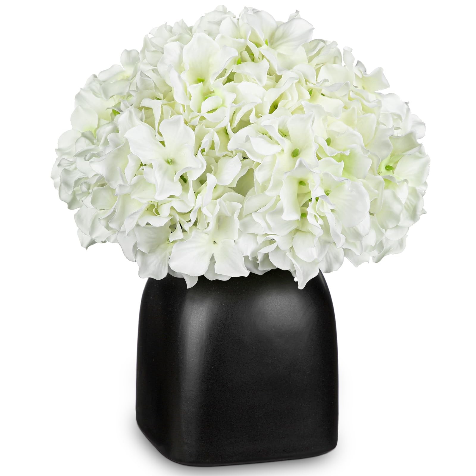 White Hydrangea Artificial Flowers in Ceramic Vase, Black Vase Farmhouse Cent…