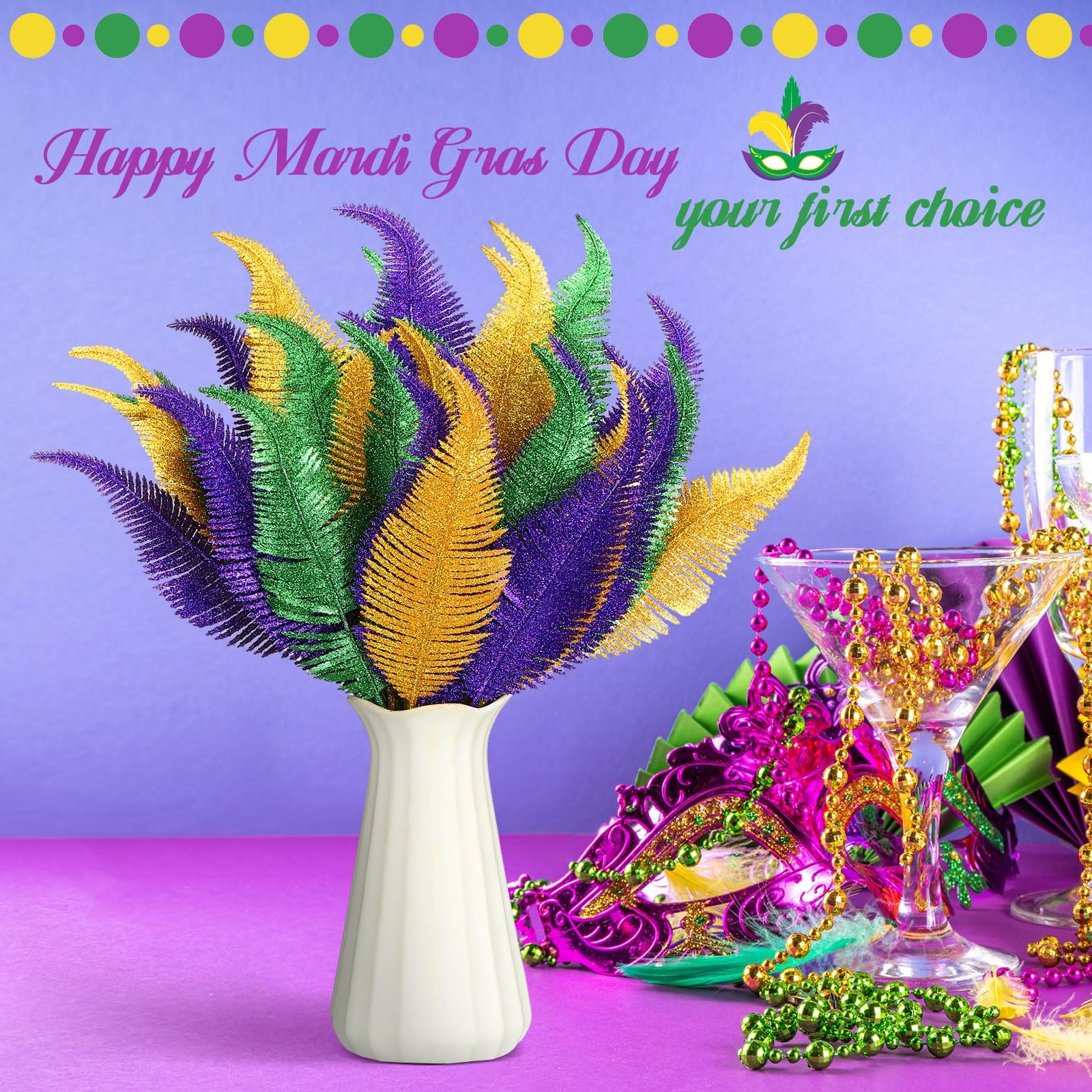 48 Pcs Mardi Gras Glitter Leaves Feather 13.4” Faux Sparkly Feather Leaves M…
