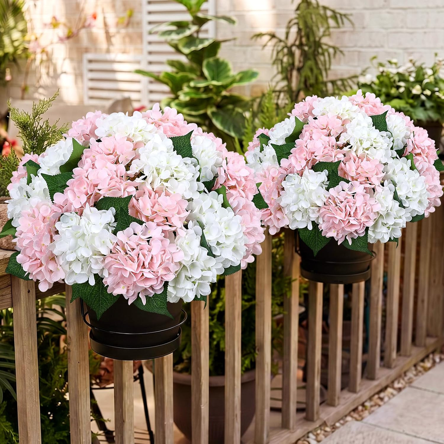 2 Sets 16″ Pink Hydrangea Artificial Flowers in Pots – UV Resistant Decor