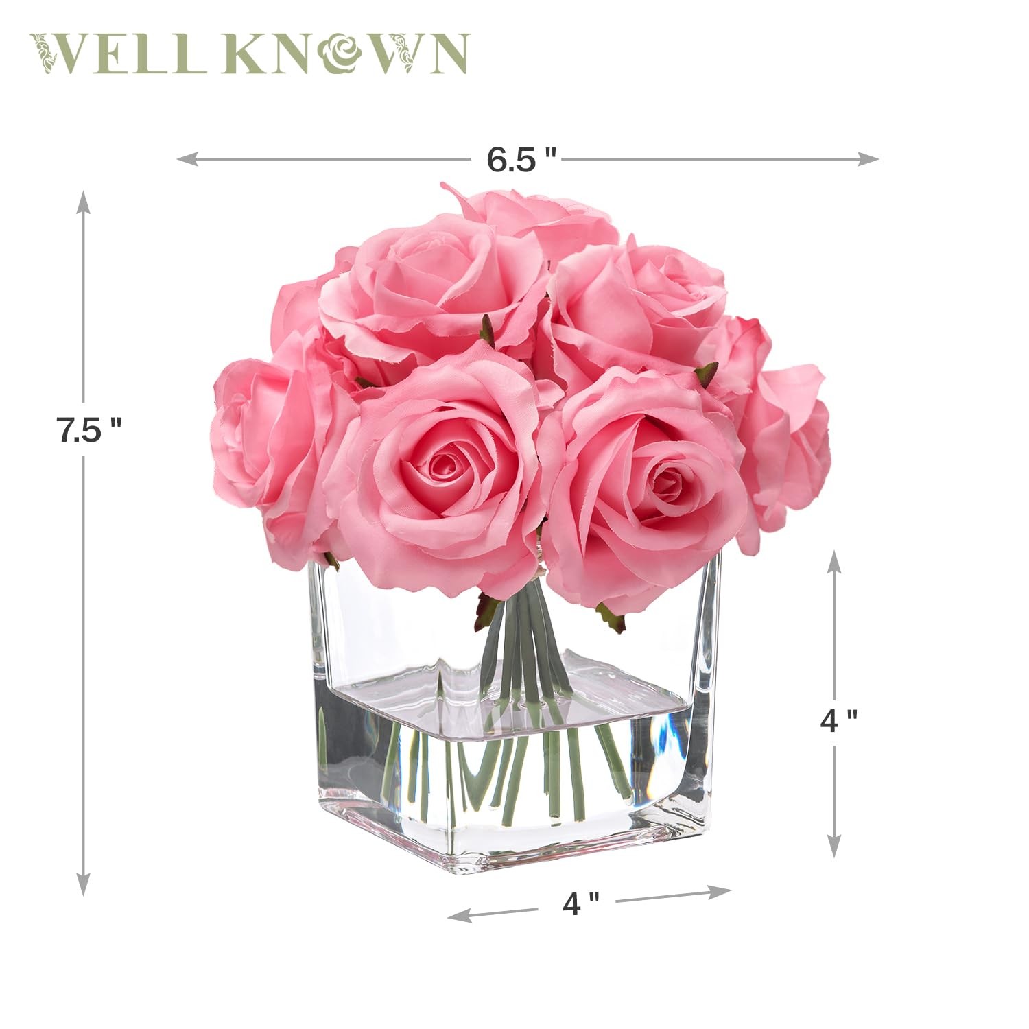 Pink Artificial Rose Flowers In Vase With Faux Water Silk Arrangement Decor
