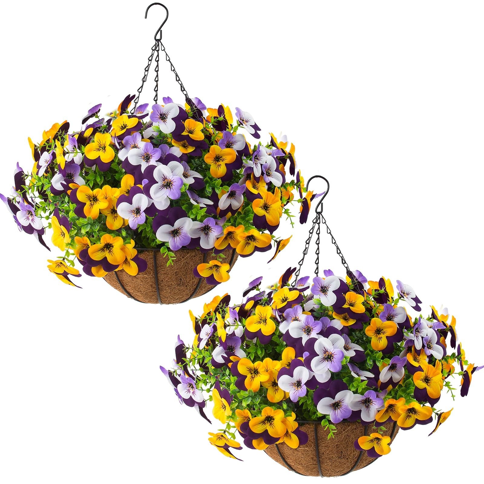 2 Set Artificial Pansy Flowers with Hanging Baskets – Silk Floral Decor for Spri