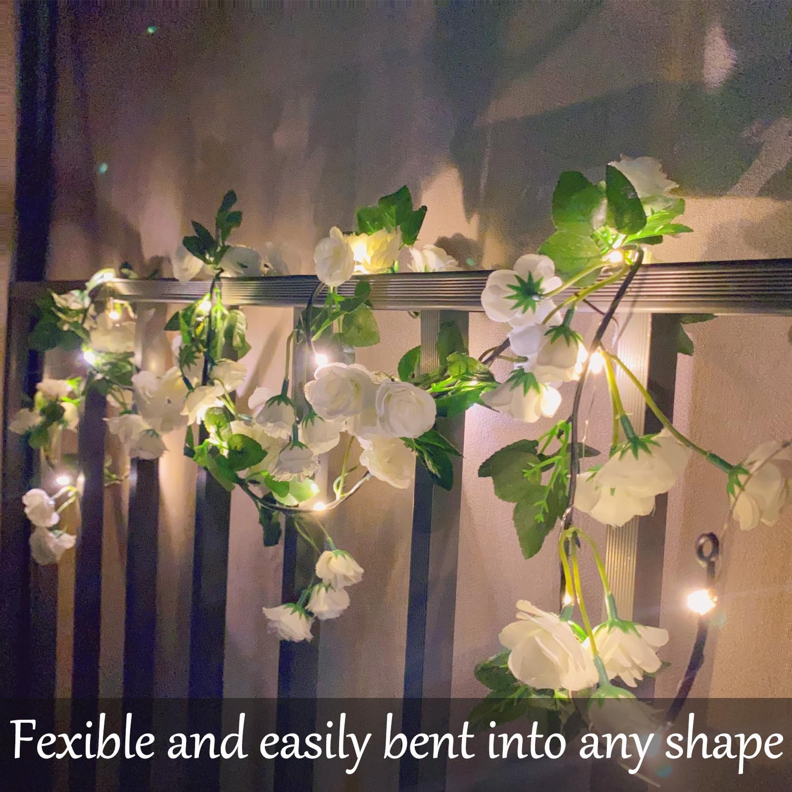 20 LED Rose Flower String Lights with Timer, 6FT Artificial Flower Garland wi…