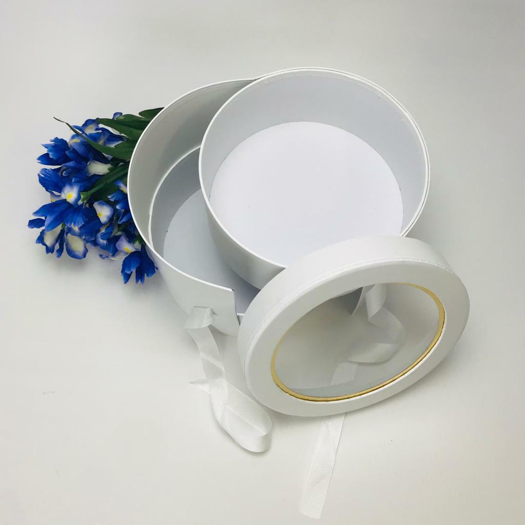 Premium Quality Round Shape Flower Box, Floral Gift Box, 2 Tier, with Lid, White
