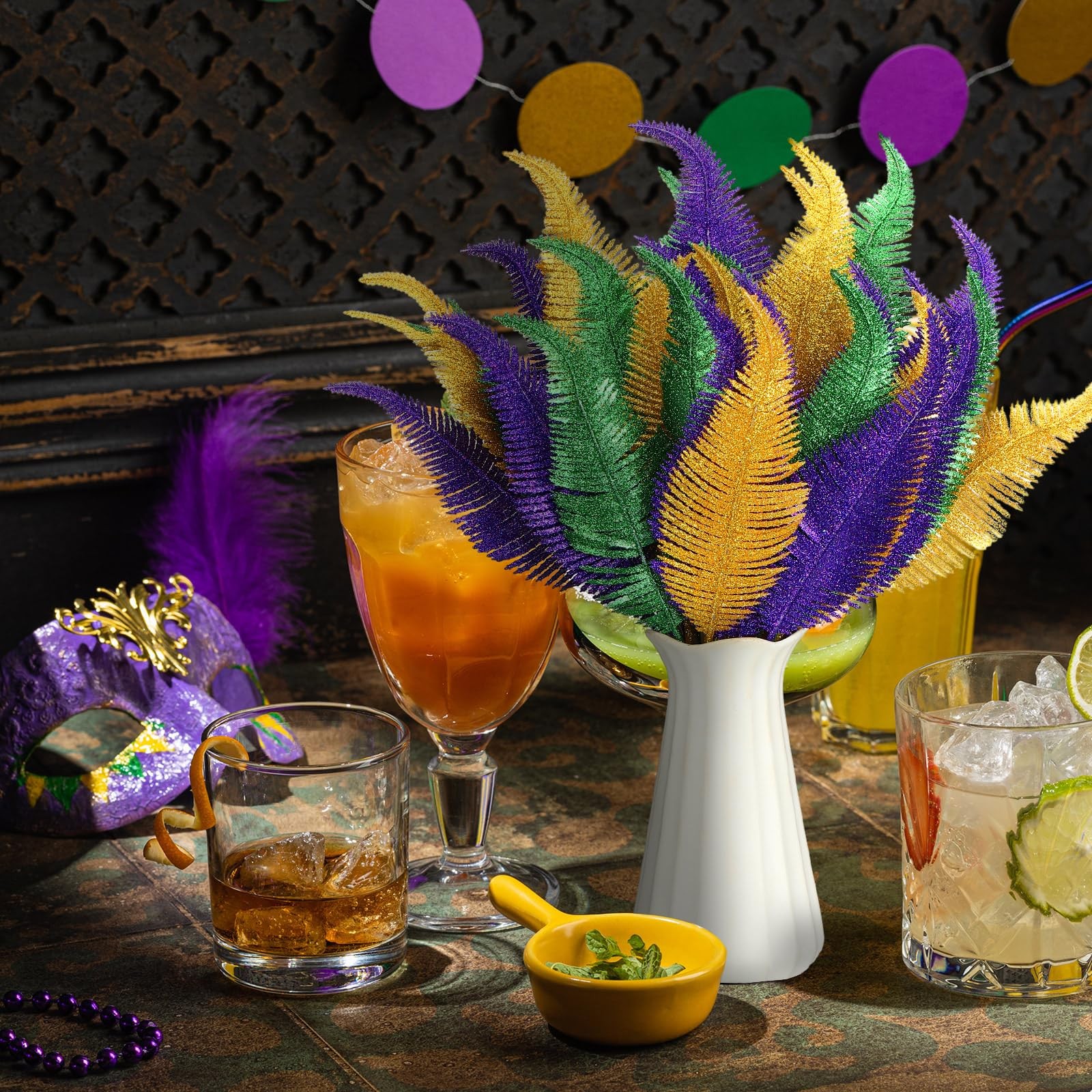 48 Pcs Mardi Gras Glitter Leaves Feather 13.4” Faux Sparkly Feather Leaves M…