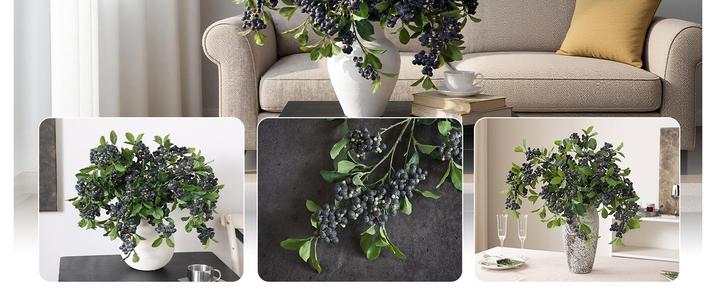 33″ Artificial Blueberry Stems for Vase – 8 Pcs Lifelike Faux Blueberries Fruit