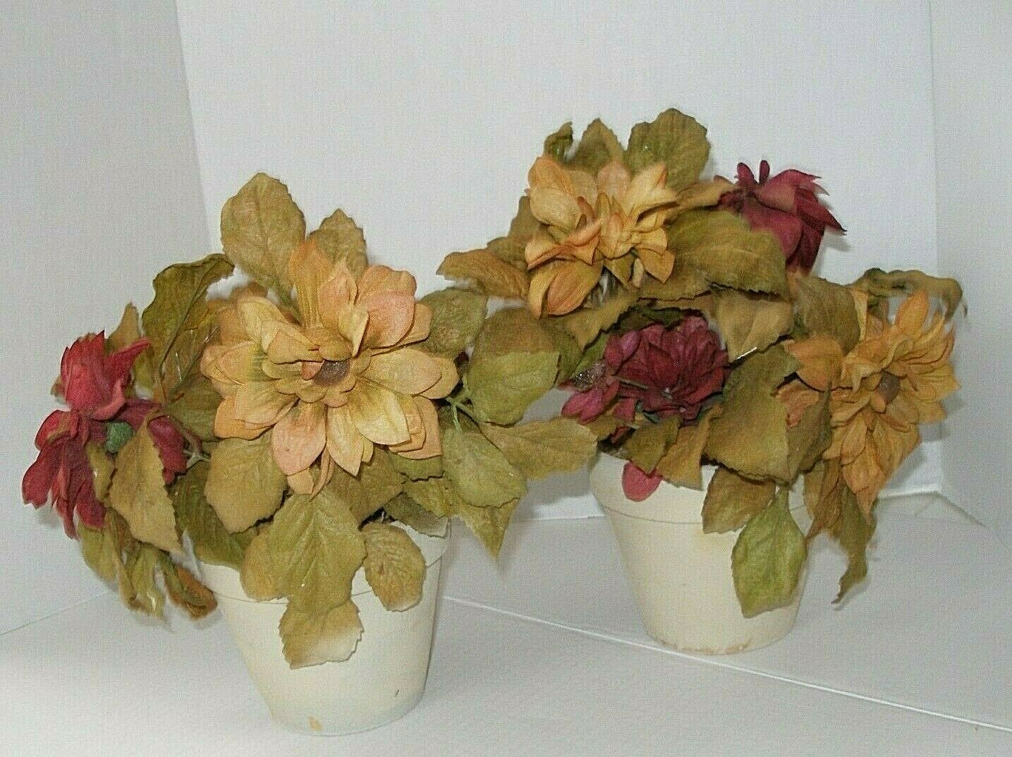 Pailr of Planters with Silk Flower Arrangements Fall Colors Burgundy Mustard New