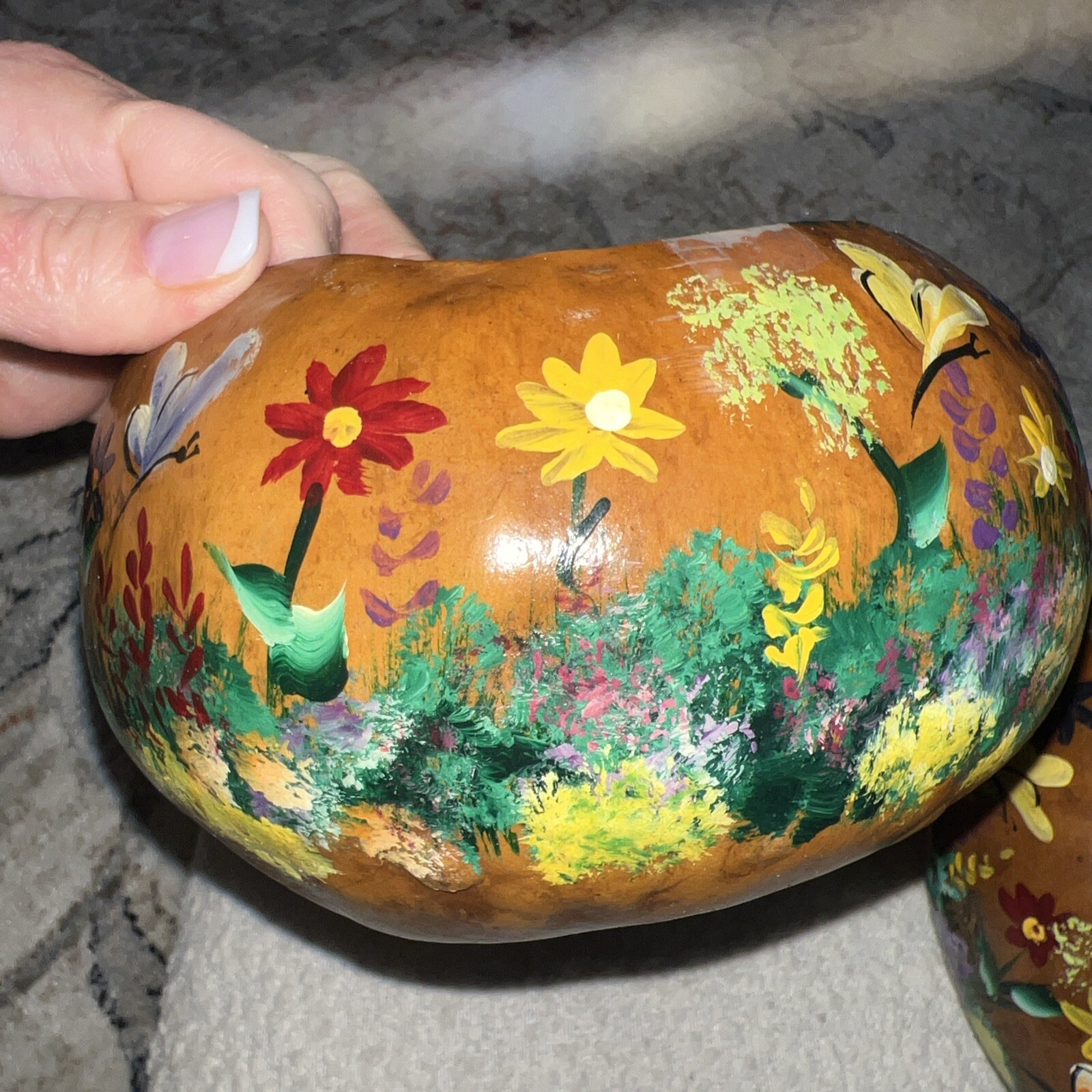 Hand Painted Gourd Bowls Lightweight Floral Butterflies Cottage About 7×5” SET