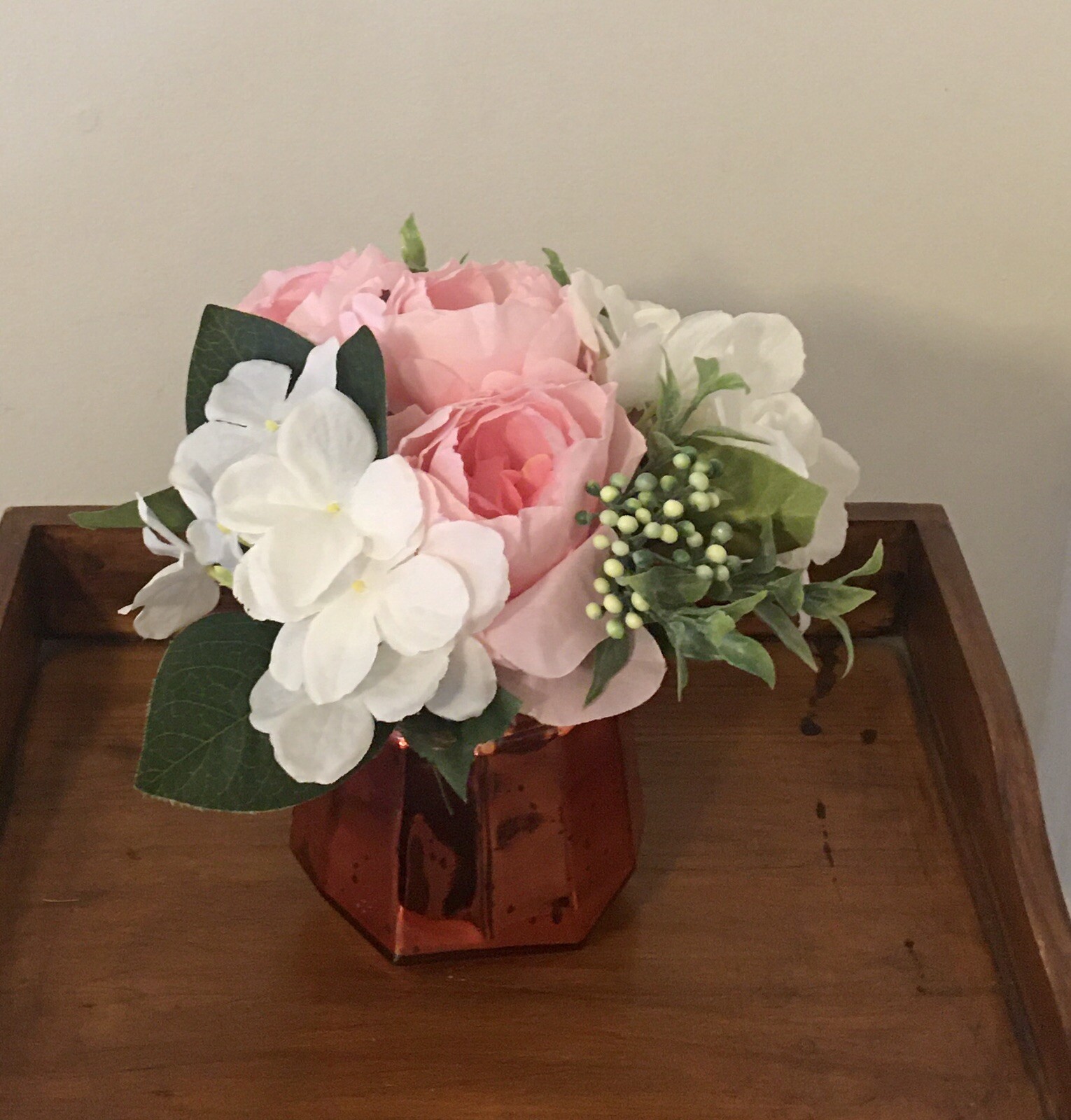 Floral Arrangement with Dahlia Hydrangea Berries in Bronze Glass Vase Handmade