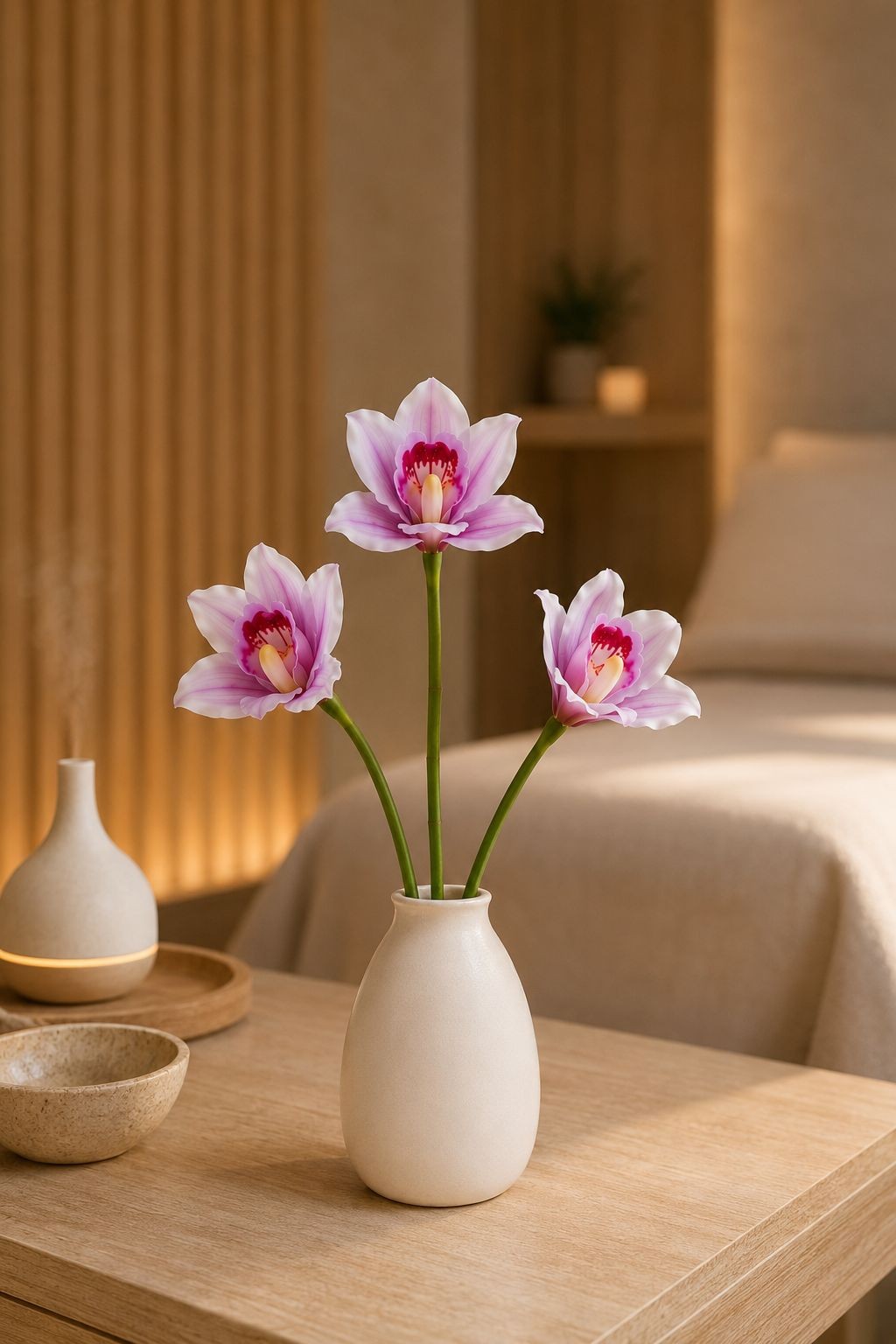 Pink Purple Real Touch Cymbidium Orchids, Set of 5 Artificial Flower Stems, 15 I