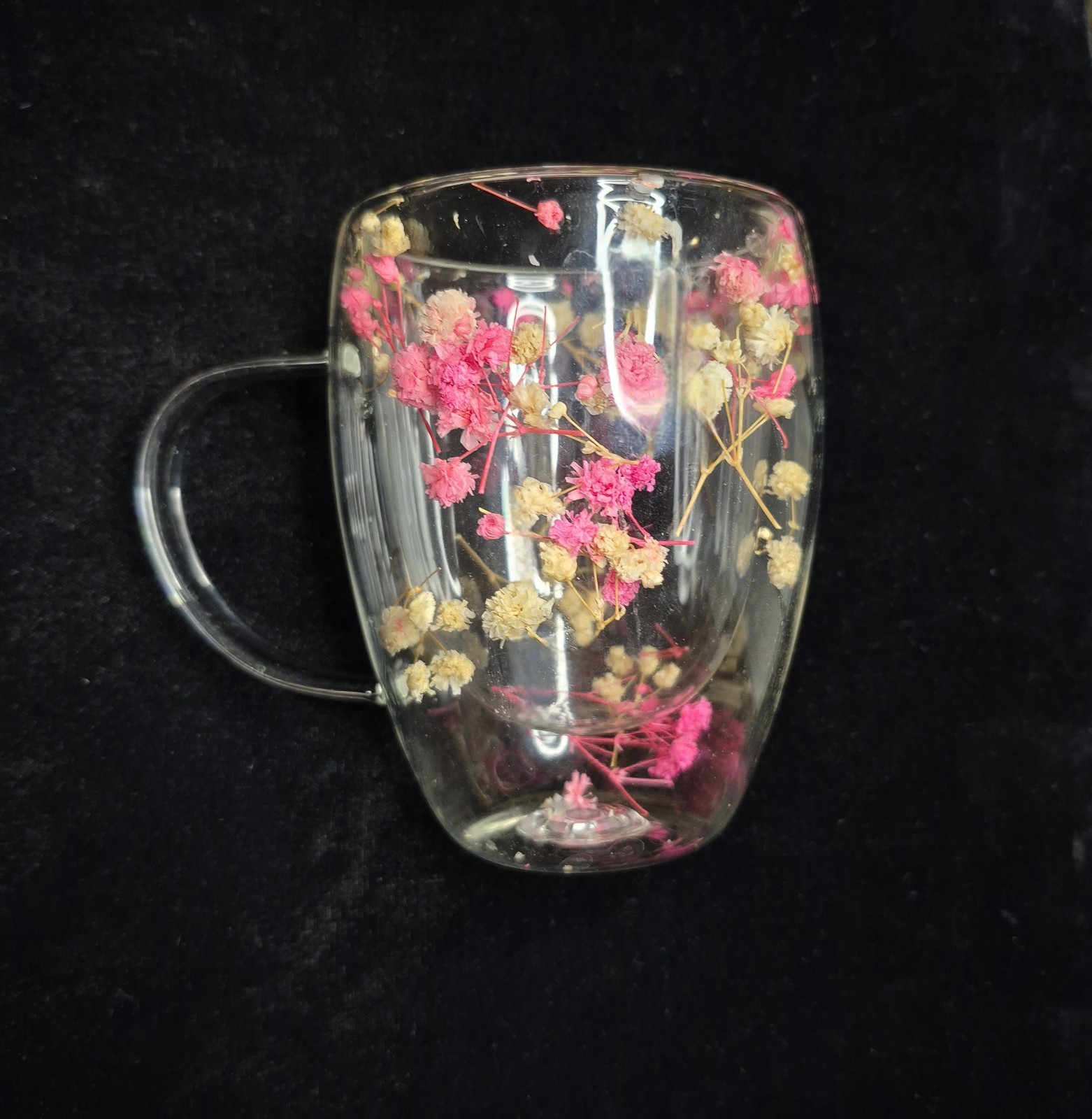 Dried Flower Glass Mug – Double Wall Clear Coffee Tea Cup – Botanical Floral