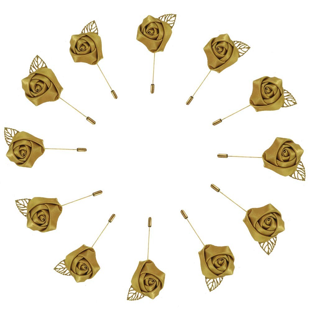 12 Pcs Gold 3.5cm Artificial Silk Rose Mens Groom Boutonniere Pins Suit Decor