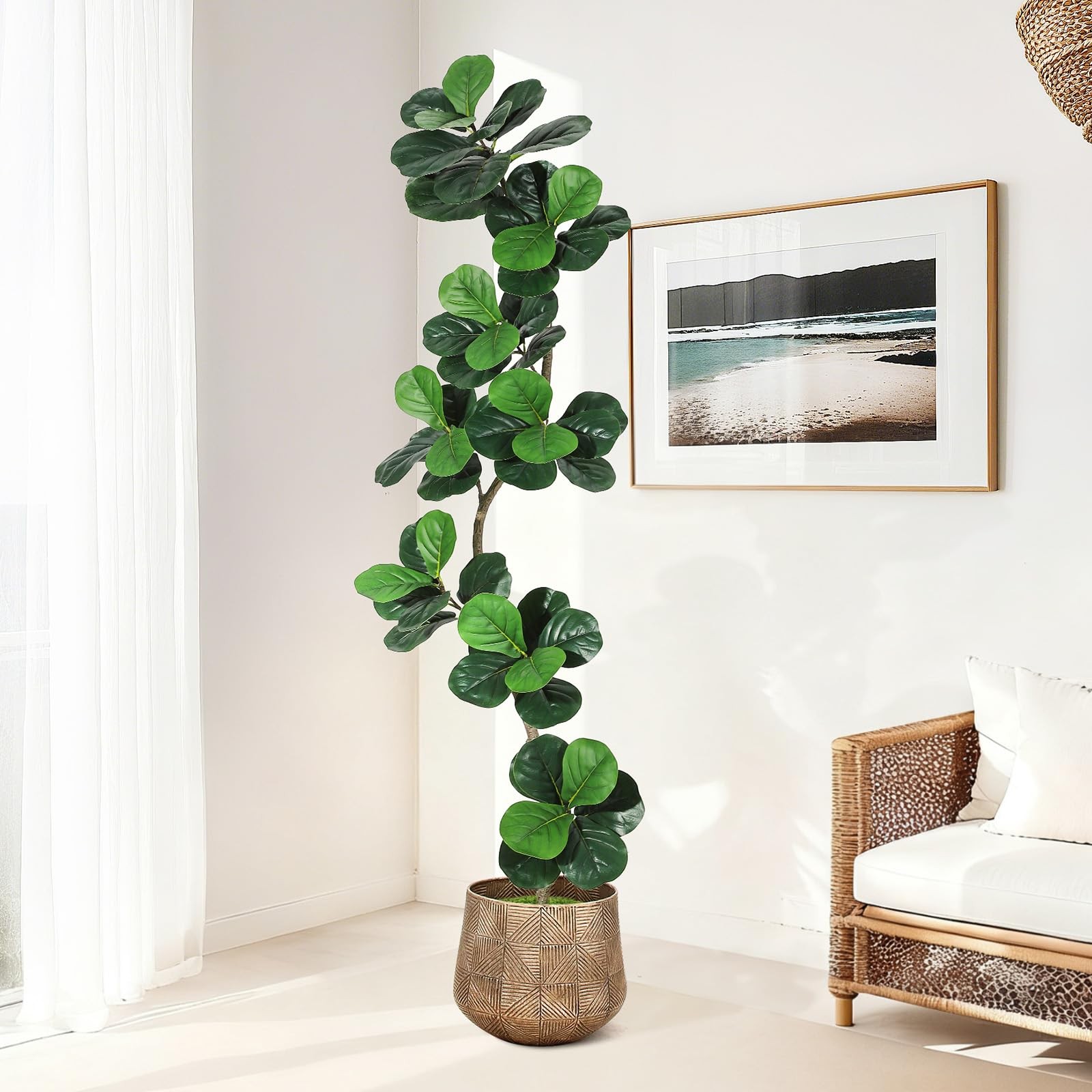 Fiddle Leaf Fig Artificial Tree with White Planter,7 ft Faux Plants Indoor wi…