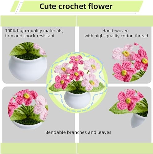 Crochet Flowers Pink Handmade Knitted Potted Flower Plants for Gradient Pink