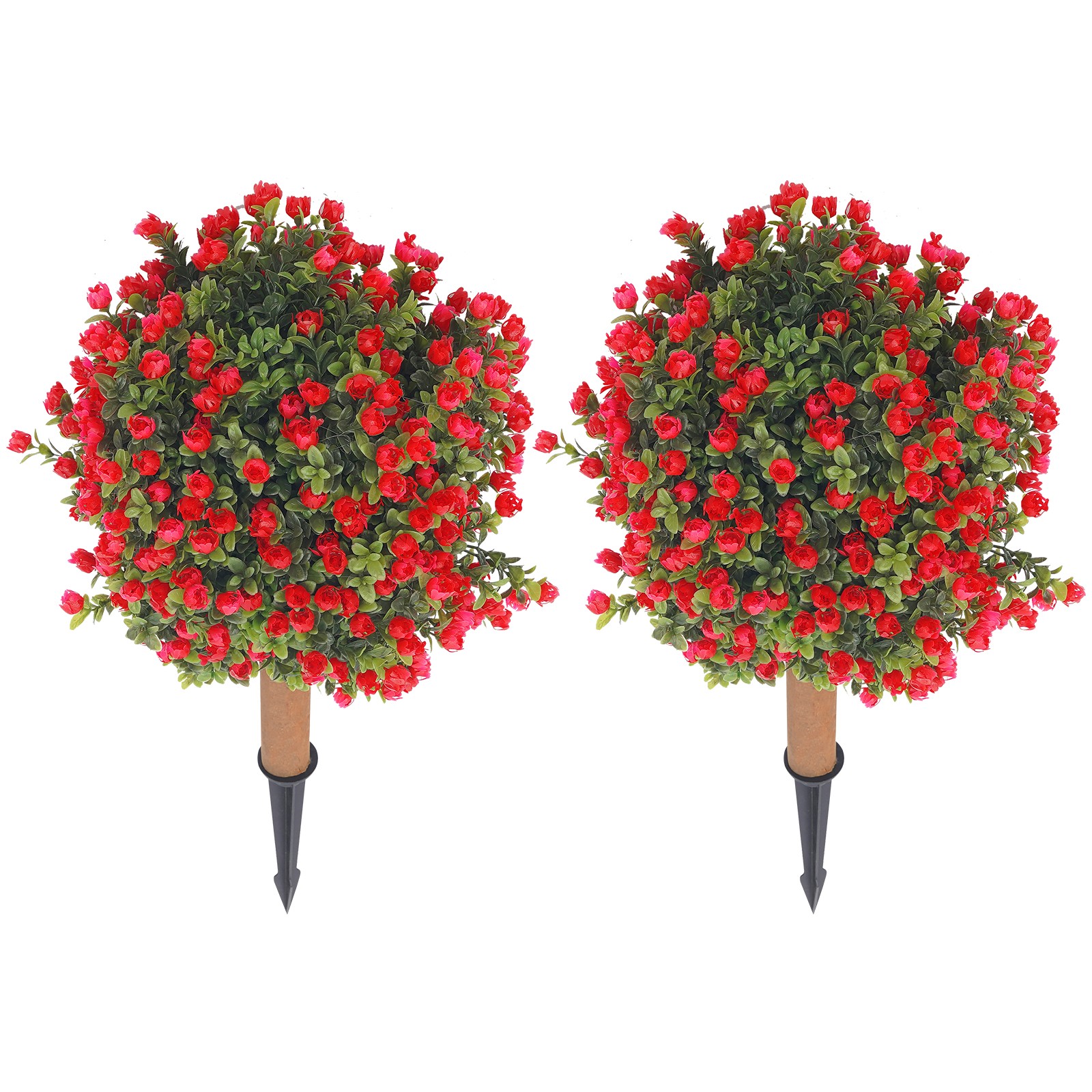 2* Artificial Boxwood Topiary Ball Trees Set with Red Flowers for Indoor/Outdoor