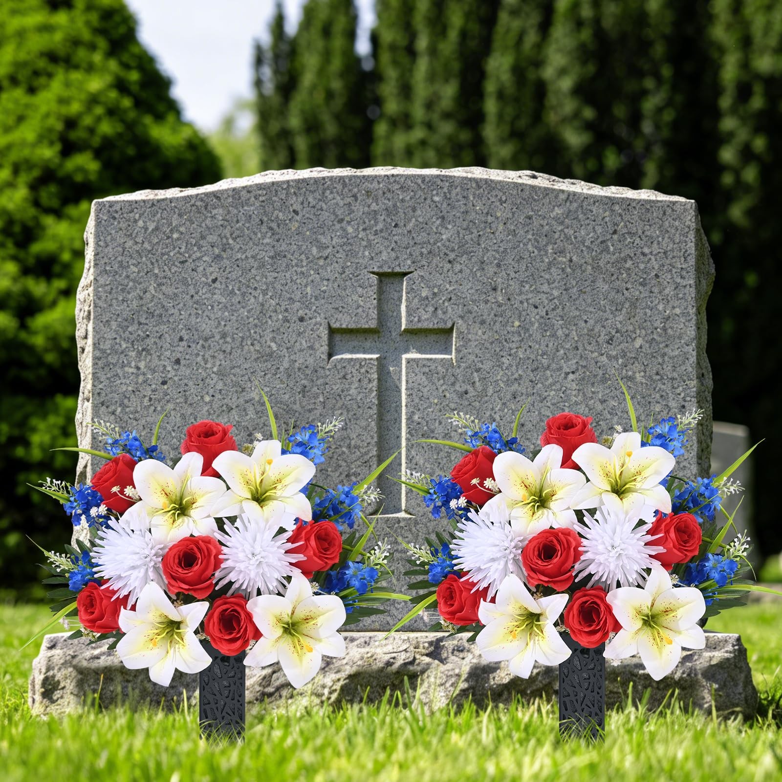 2 Sets Artificial Cemetery Flowers for Grave, Artificial Grave Flowers Memori