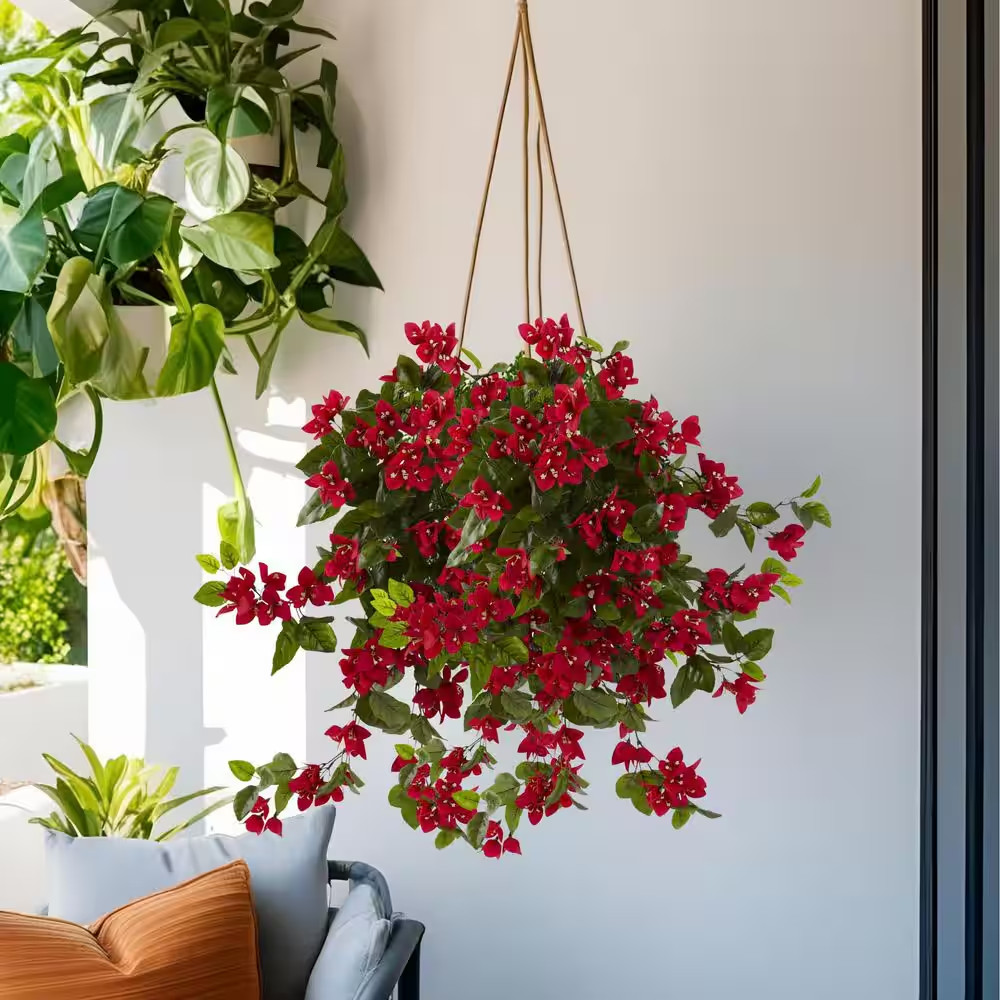 Indoor/Outdoor 28 In. Bougainvillea Hanging Bush Artificial Plant UV Resistant (