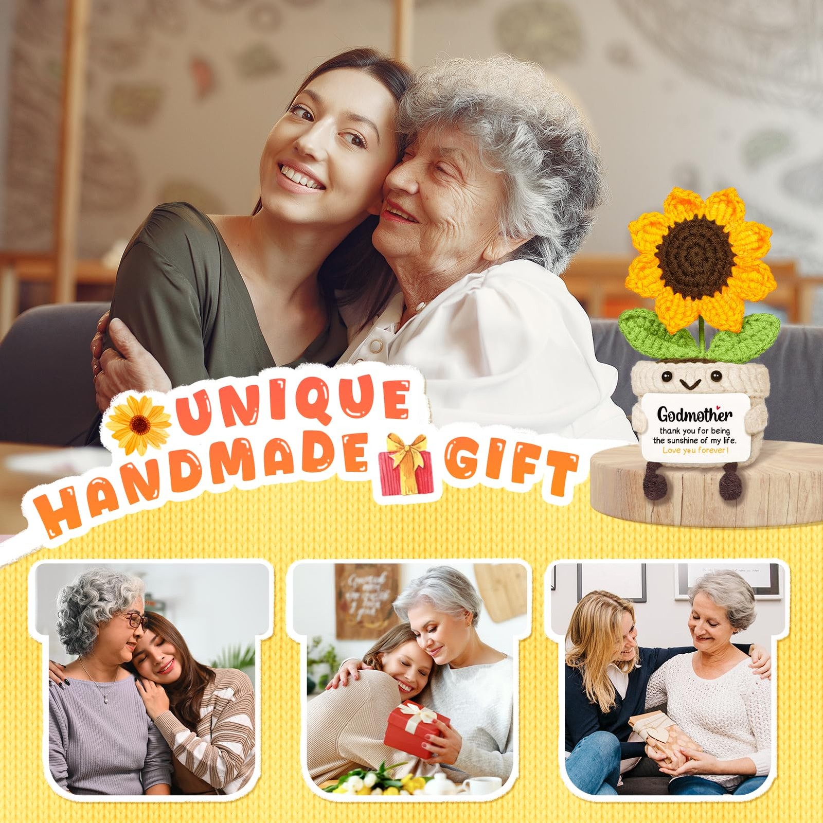 Handmade Crochet Sunflower Godmother Proposal Gift with Card Cute Keepsake