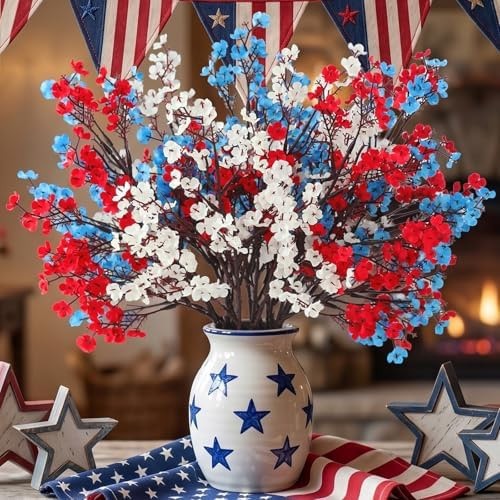 Hananona 10 Pcs 4th of July Flowers Artificial Babys Breath Fake Silk Red Whi…