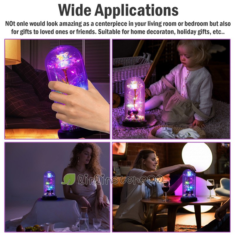 Beauty Rose Flower In Dome Glass LED Night Light Valentine’s Day Women Xmas Gift