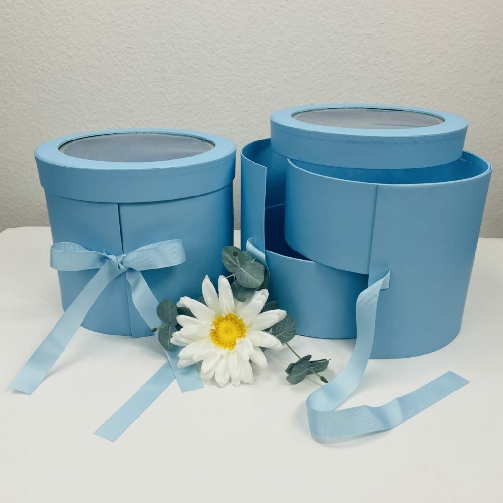 Premium Quality Round Shape Flower Box Floral Gift 2 Tier, with Lid, Ocean Blue