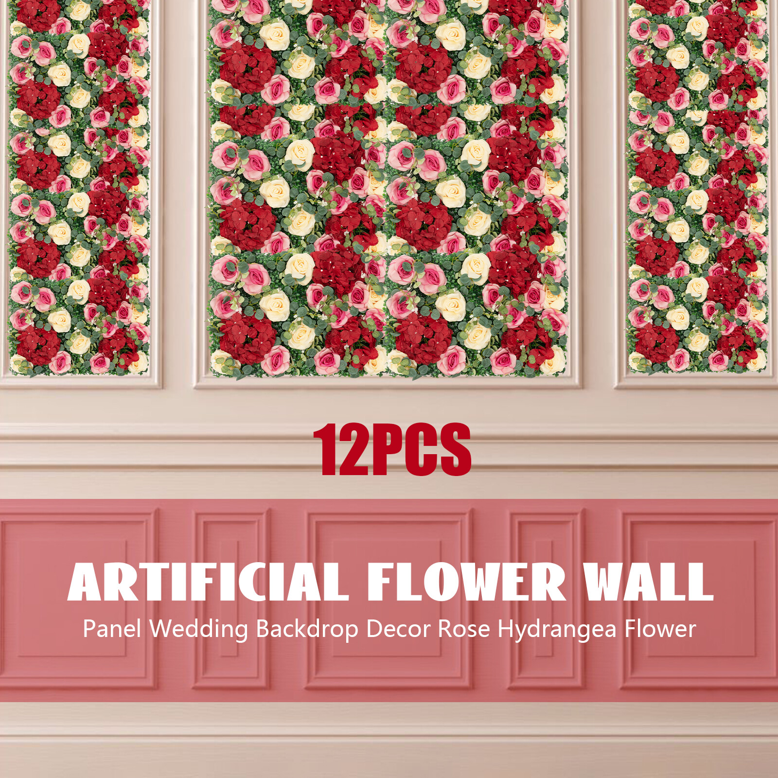 12Pcs Artificial Flower Wall Panel Backdrop Wedding Rose Hydrangea Flower Decor