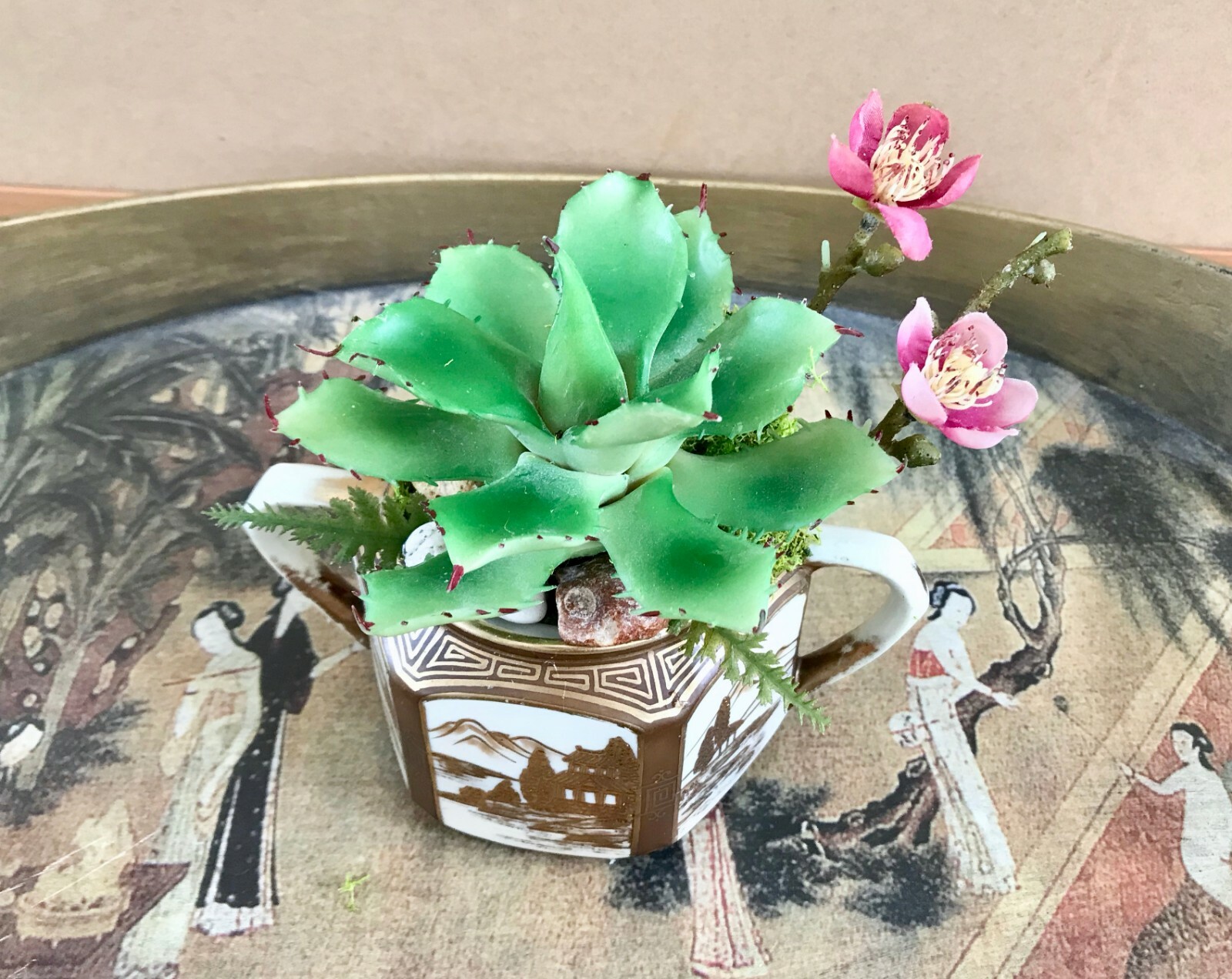 Antique Noritake Nippon Sugar Bowl Planter with Green Cactus and Purple Cherry B