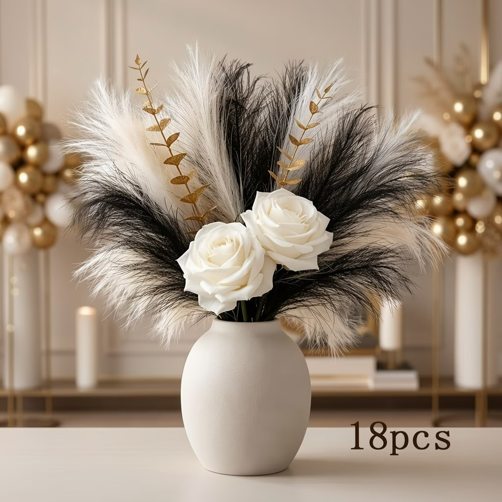A Set of Artificial White Roses, Artificial White Pampas Grass, Black Pampas.