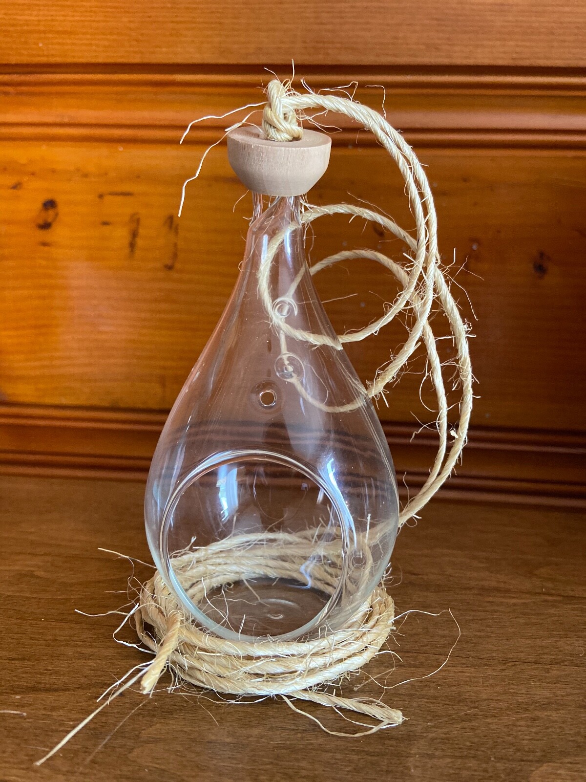 Glass Airplant Plant Terrarium Vessel Clear Teardrop Container Rustic Jute NEW!