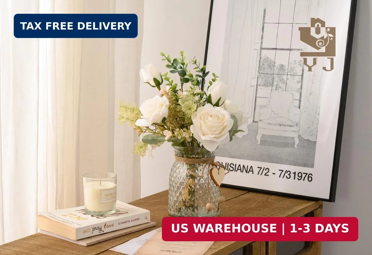 YJ Fake Flowers with Vase, Silk Roses Artificial Flowers in Vase, Faux Flower Pl