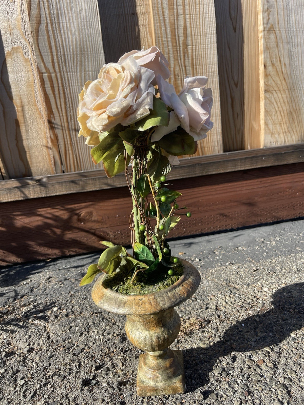 Artificial Rose Topiary Floral Arrangement Urn Vase 20 in Pink Beige Green
