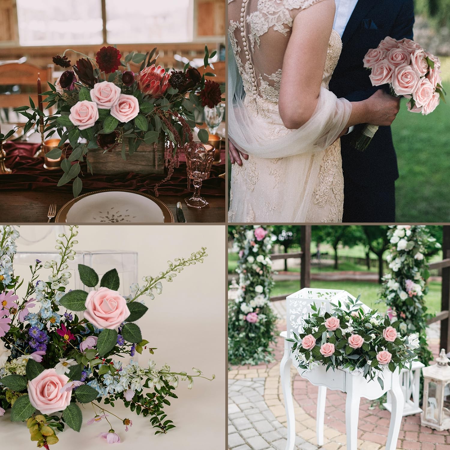 100 PCS Light Pink Real Looking Foam Artificial Fake Roses Wedding Bouquet