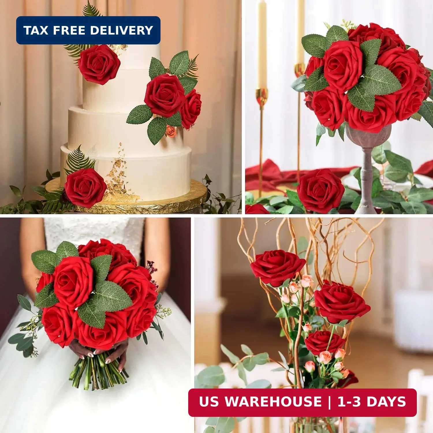 AmyHomie Artificial Flowers Dark Red Rose 25pcs Real Looking Fake Roses w/Stem f