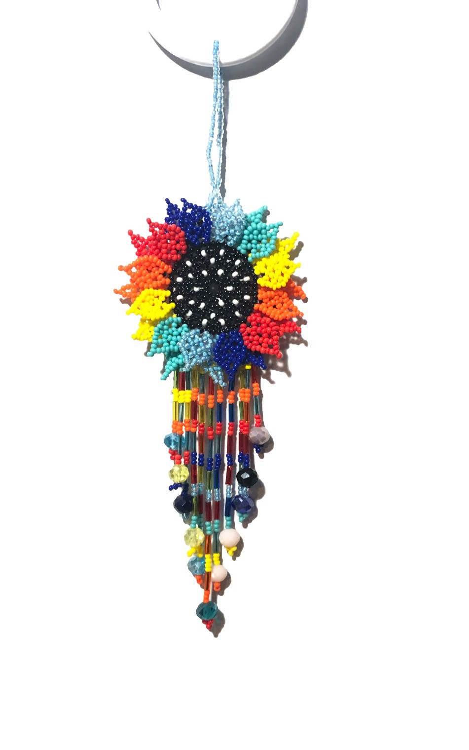 Hand Made Beaded Colorful Mexican Sunflower 5” Seed Bead Dangle Charm Ornament.