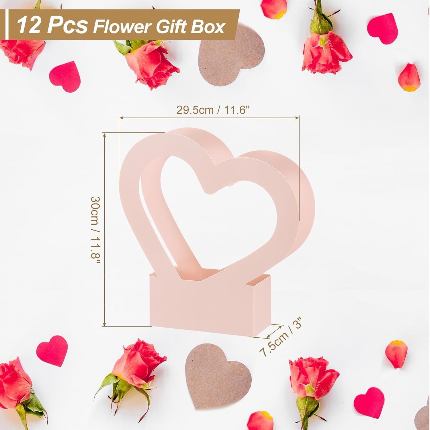 12 Pink Heart Shaped Flower Boxes, Bouquet Gift Bag + Handle Centerpiece Decor