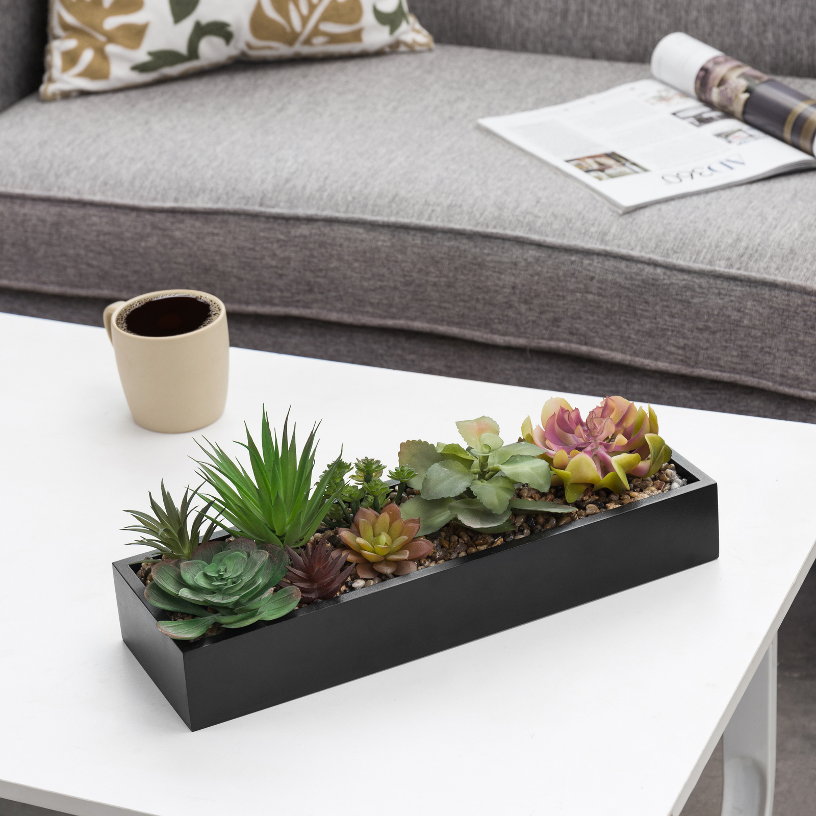 MyGift Assorted Artificial Succulent Plant Arrangement in Black Wood Planter Box