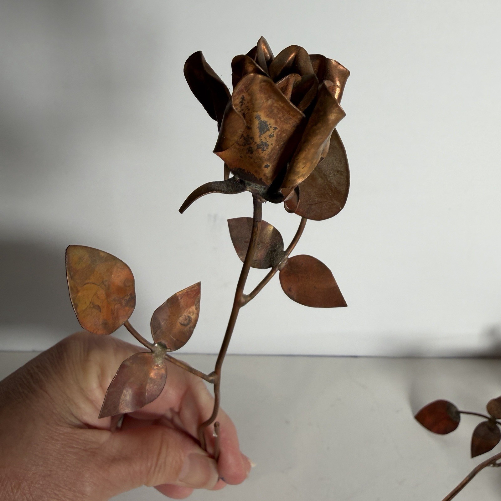 VTG MCM Long Stem Brass Copper Metal Roses Rose Lot of 3 Flowers