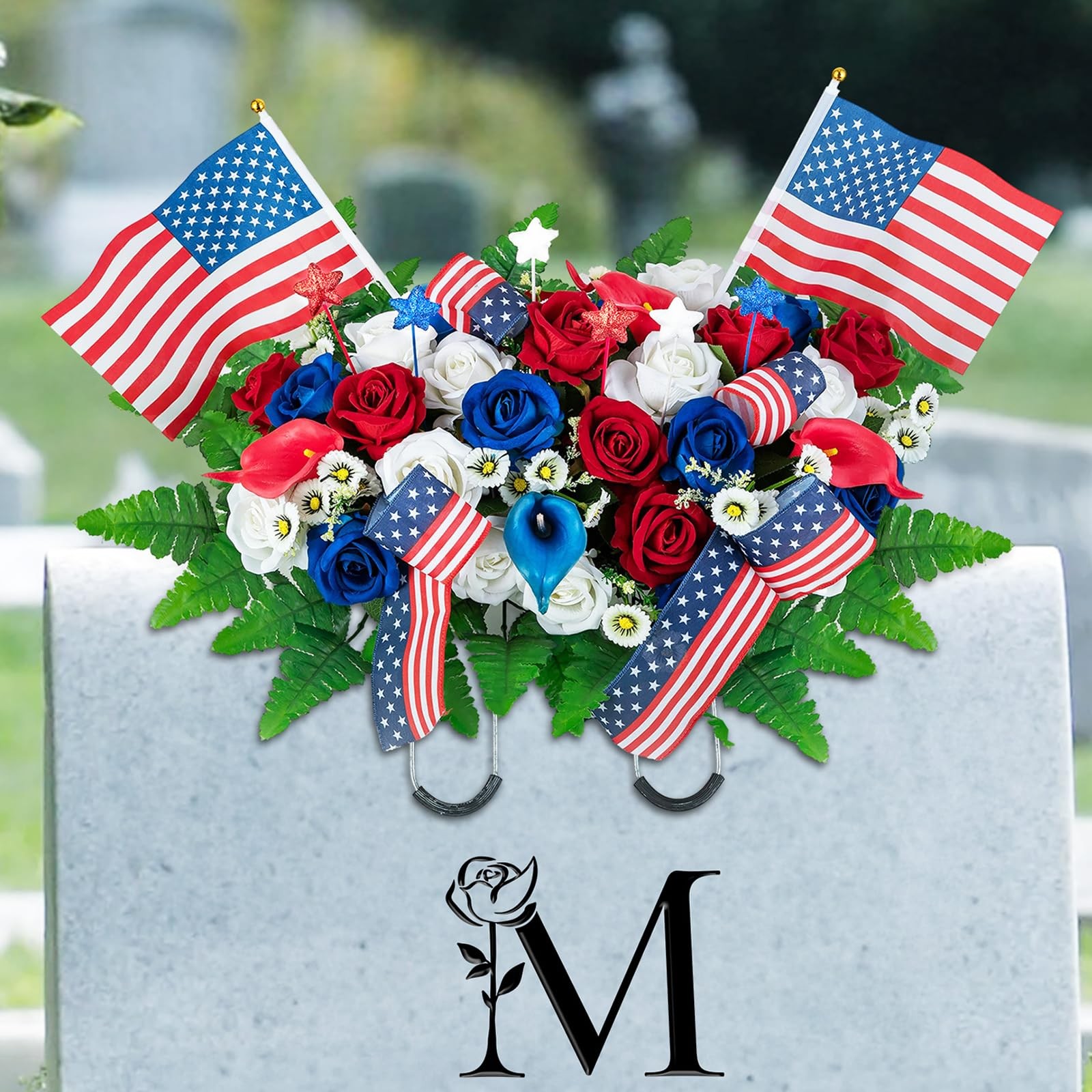 Memorial Day Decorations for Cemetery Patriotic Red White Blue Headstone Flow…