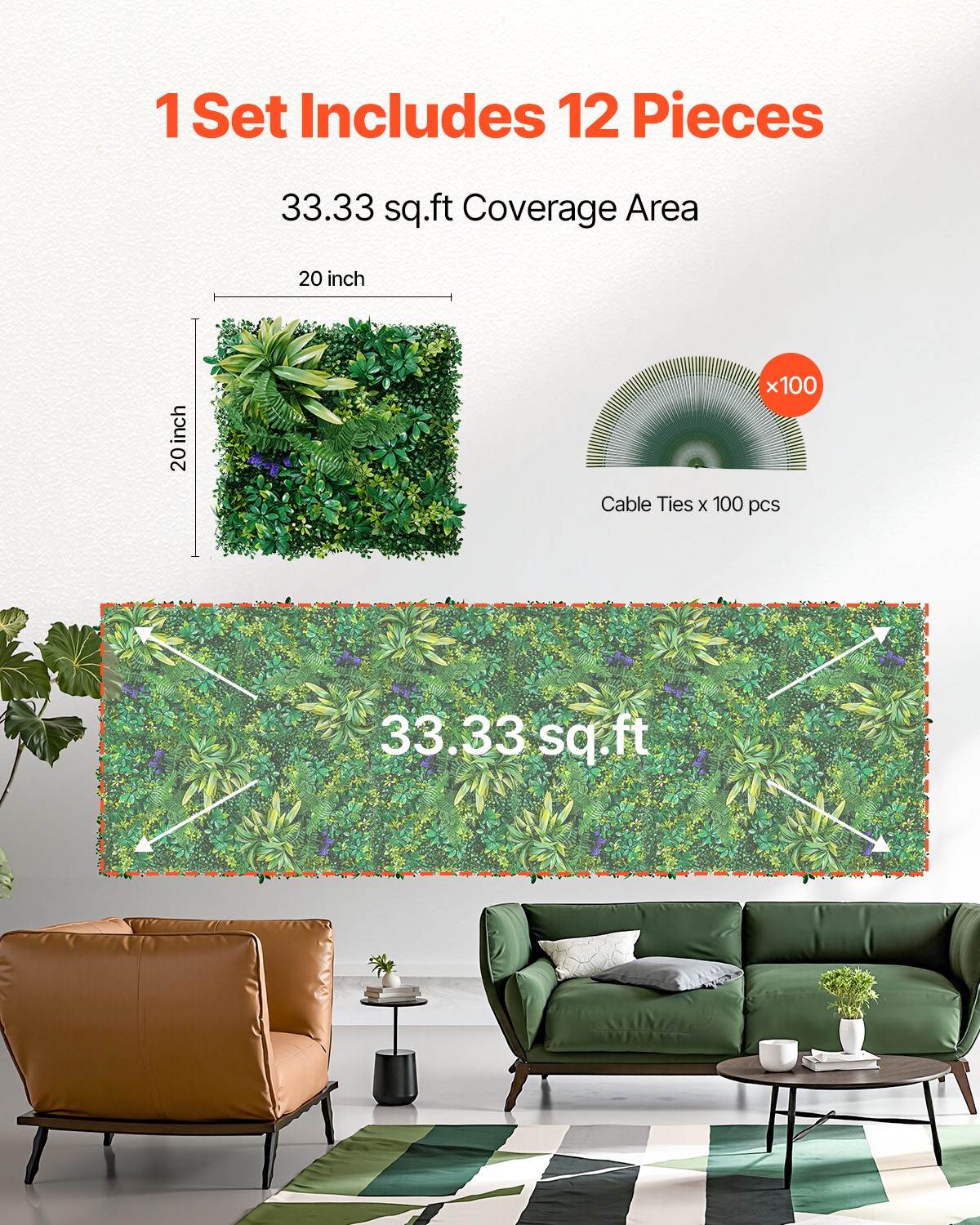 VEVOR 12pcs 20″x20″ Artificial Boxwood Mat Wall Hedge Decor Privacy Fence Panel
