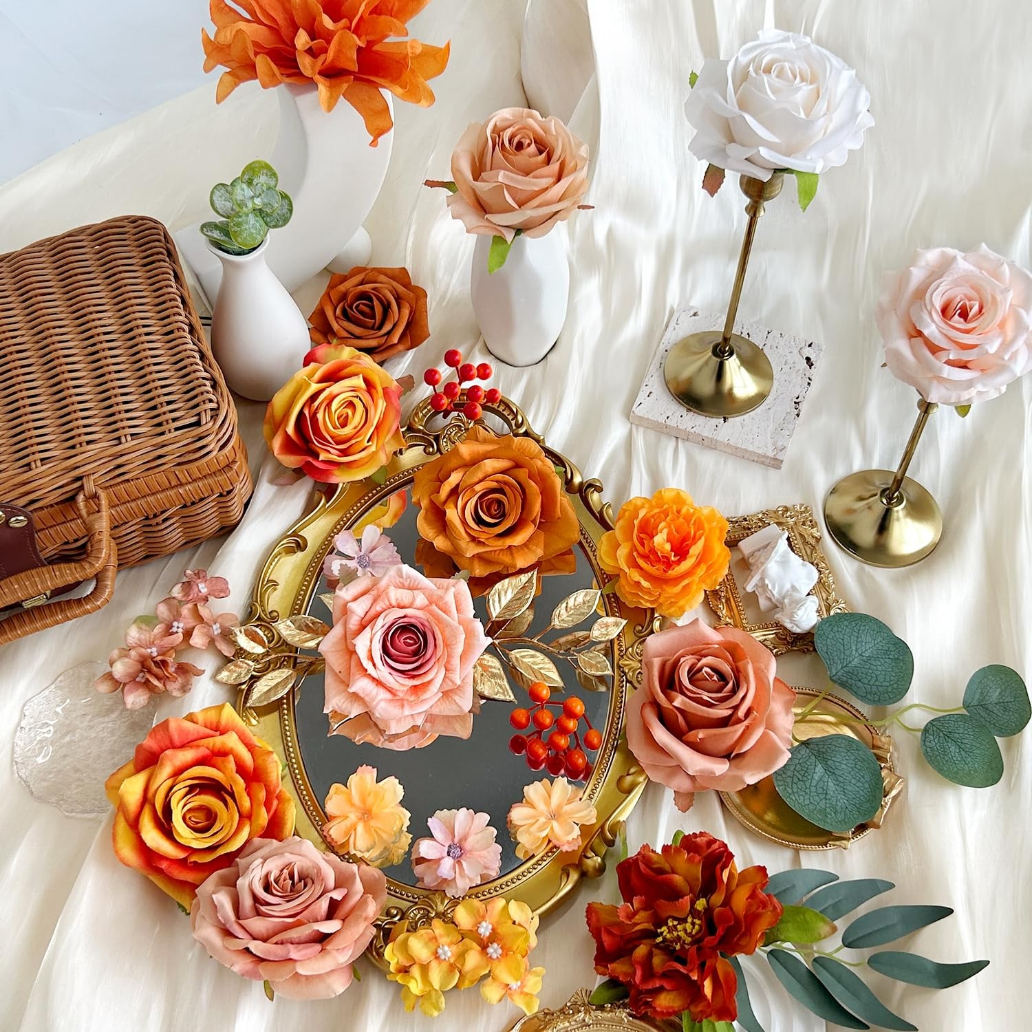 Artificial Flowers Combo Box Silk Burnt Orange Roses with Stems Sunset Terrac…
