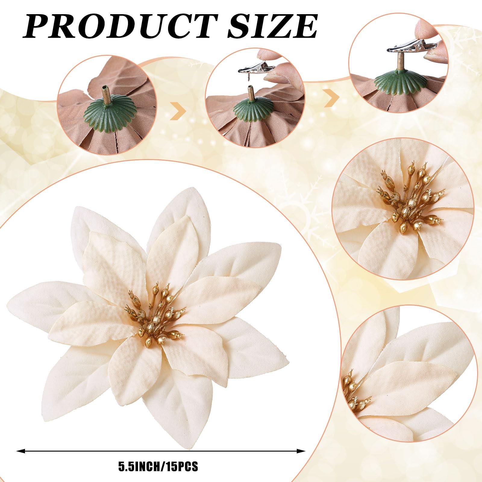 15 Pcs Christmas Poinsettia Artificial Flowers with Clips Christmas Tree Flow…