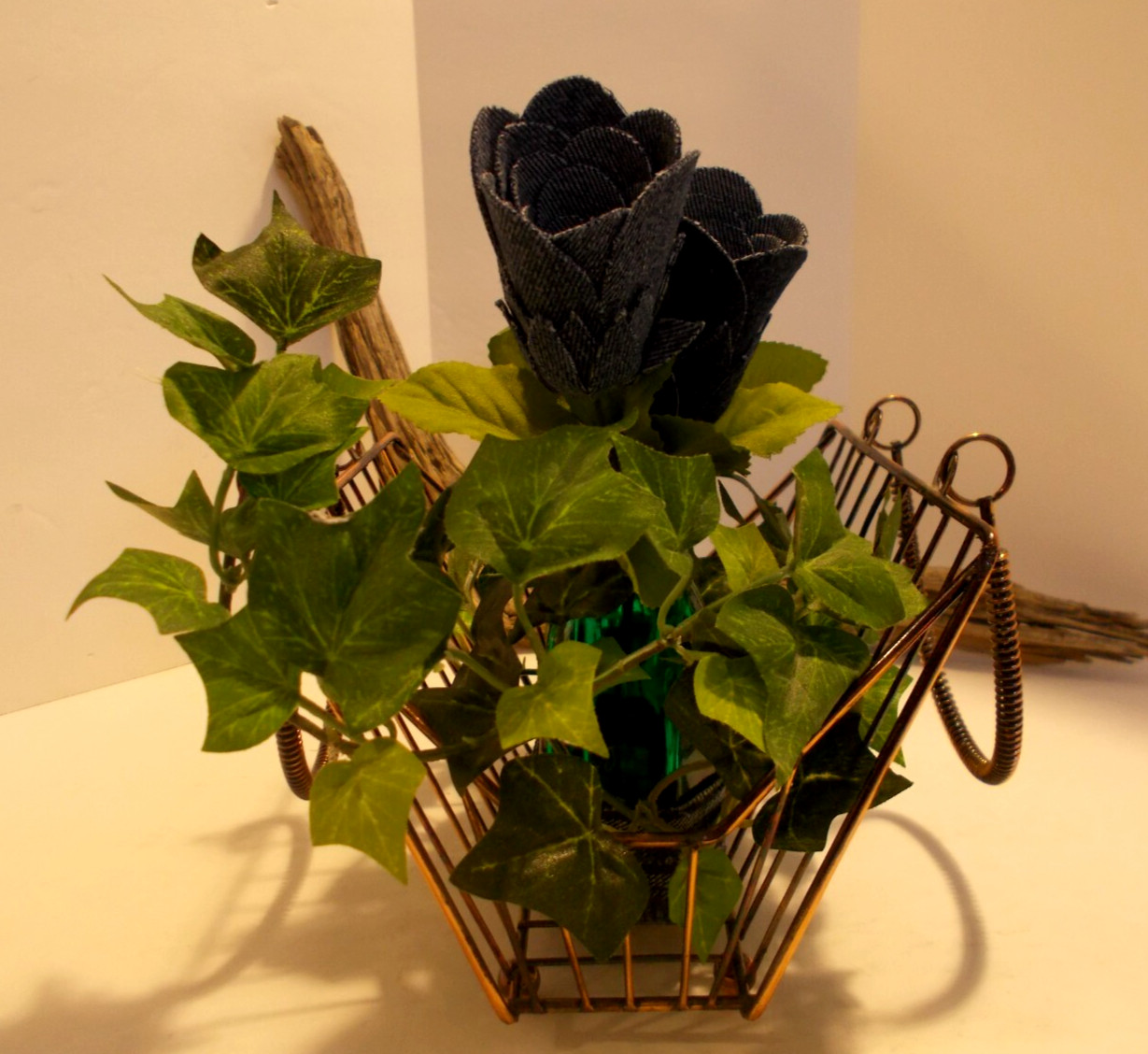 3 Denim Roses in Distressed Copper Metal Pocket or Purse Cottage Core Home Decor