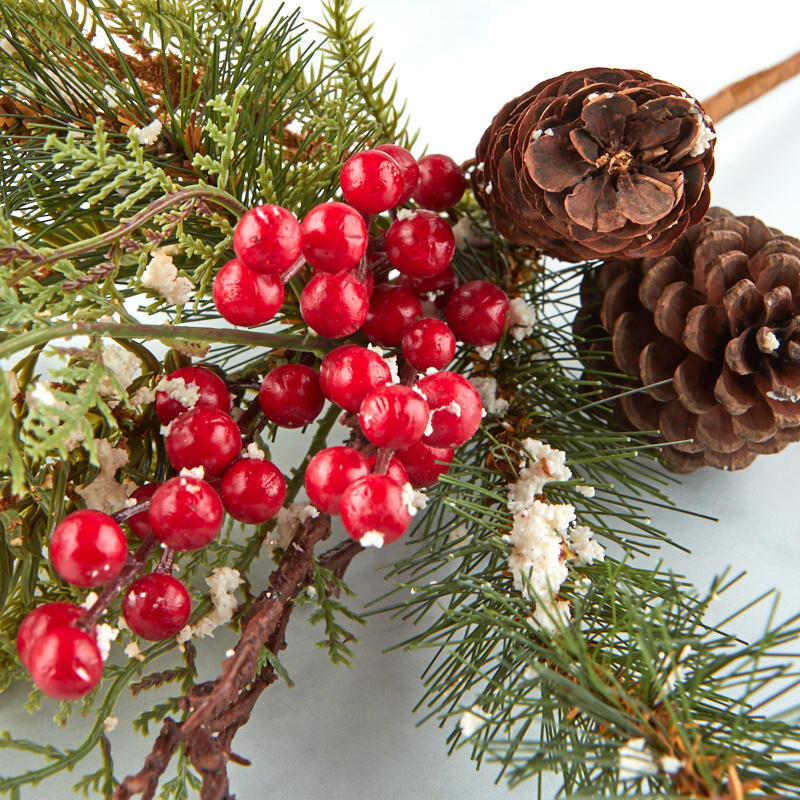 Artificial 16″ Snowy Red Berry and Pine Spray with Pinecones