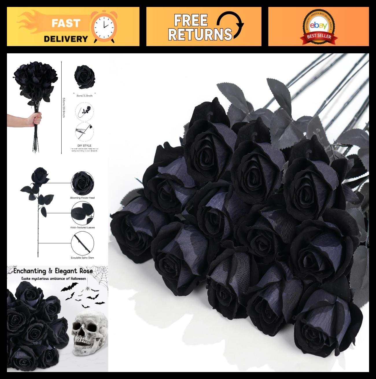 12 Pcs Black Artificial Roses with Long Stem – Realistic Faux Silk Floral Bouque