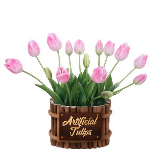 15PCS 15.75″ Artificial Tulips, Premium Latex Natural Feel 15pcs Light Pink