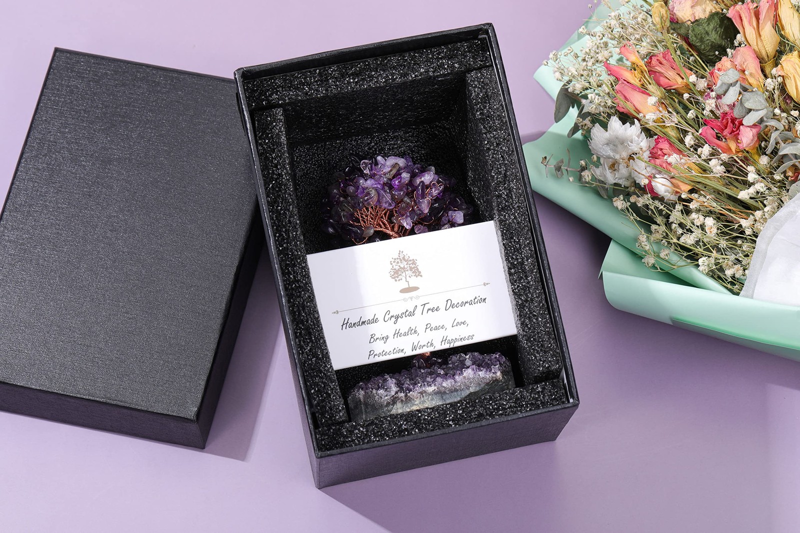 Jovivi Natural Amethyst Healing Crystal Money Tree on Amethyst Cluster Geode Dru