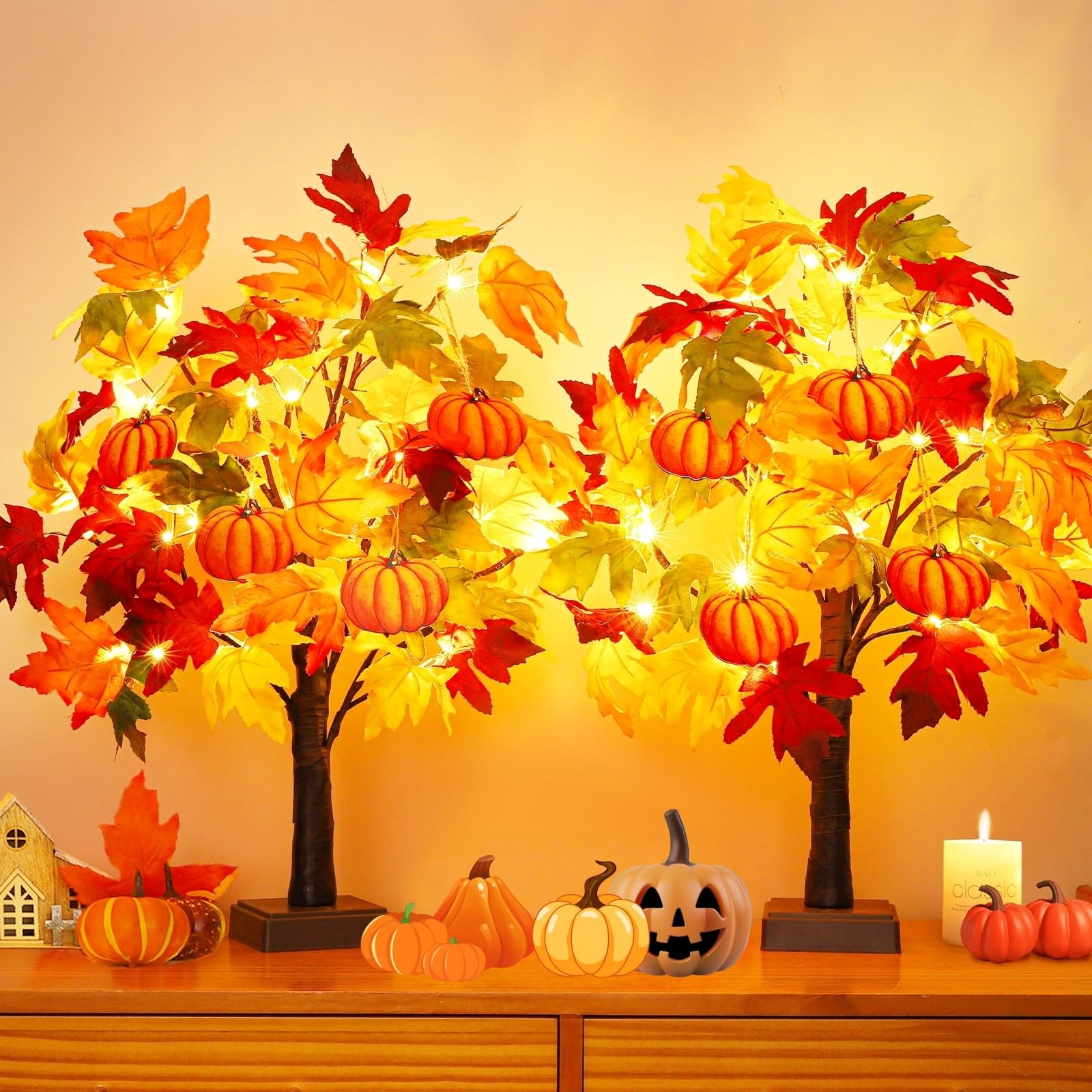 Fall Decor 2 Pack 24 Inch Lighted Fall Maple Tree Fall Decorations for Home,T…