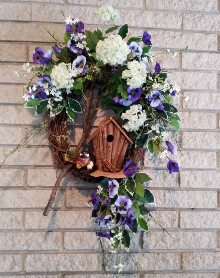 Flower Wreath Spring Summer Door Decor Bird Hydrangea Pansy Flower Arrangement