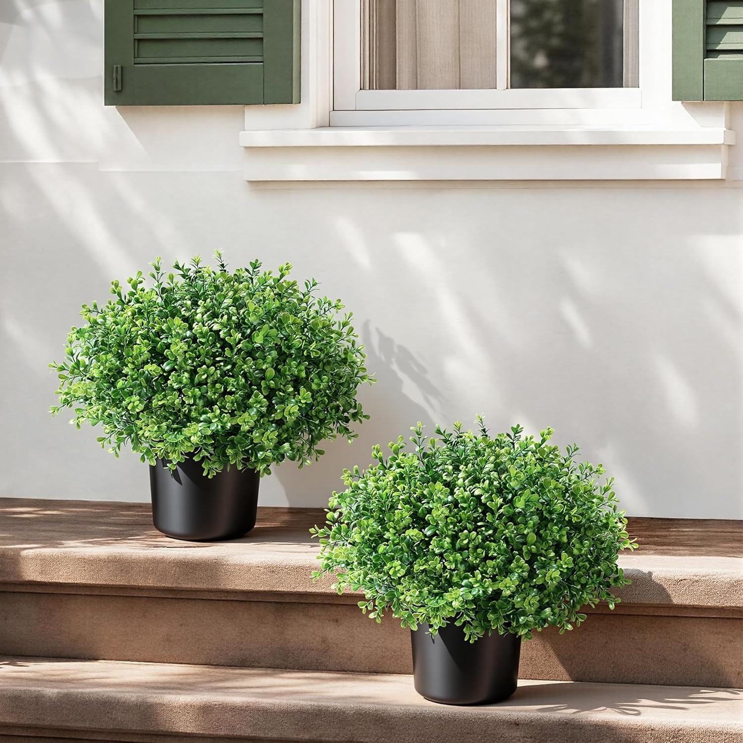 Fake Plants Artificial Plants Outdoor for Front Door Decor, 2 Pack Boxwood Fake