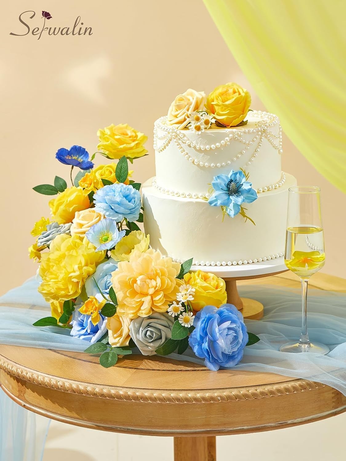 Artificial Flowers Blue Yellow Silk Floral Decor for Wedding Party Home